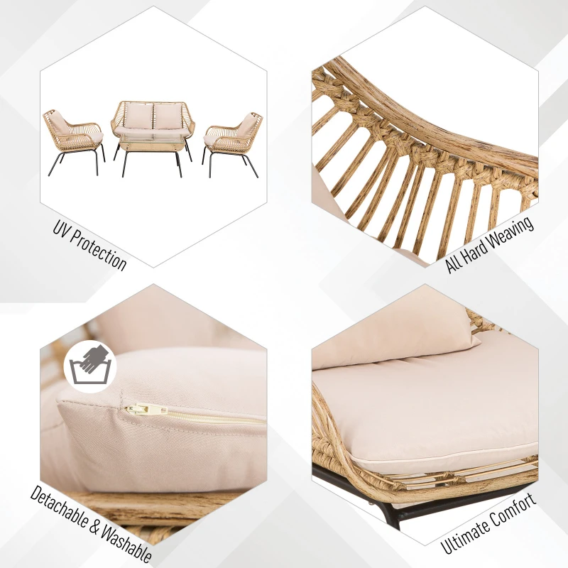 Outsunny 4 Pcs Webbed PE Rattan Sofa Set Unique Smooth Curved w/ Sofa 2 Armchairs Statement Table Glass Top Soft Thick Cushions Garden Outdoor Furniture Beige Pink