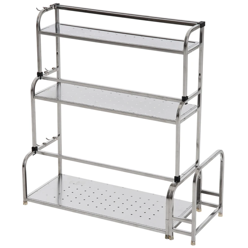 HOMCOM 3-tier Spice Rack Organiser W/6 Hooks-Stainless Steel
