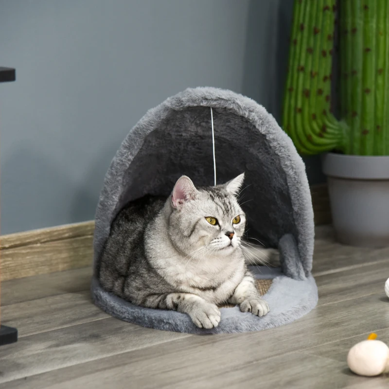 PawHut Cat House Kitten Bed Pet Furniture with Sisal Scratching Area Soft Plush for Rest and Play, Grey and Brown