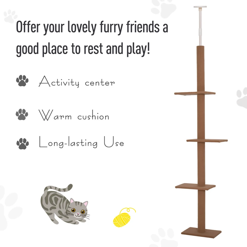 PawHut 260cm Floor To Ceiling Cat Tree for Indoor Cats w/ 3 Perches Flannel Upholstery Kitten Pet Rest Sleep Activity Tower Home Furniture Brown