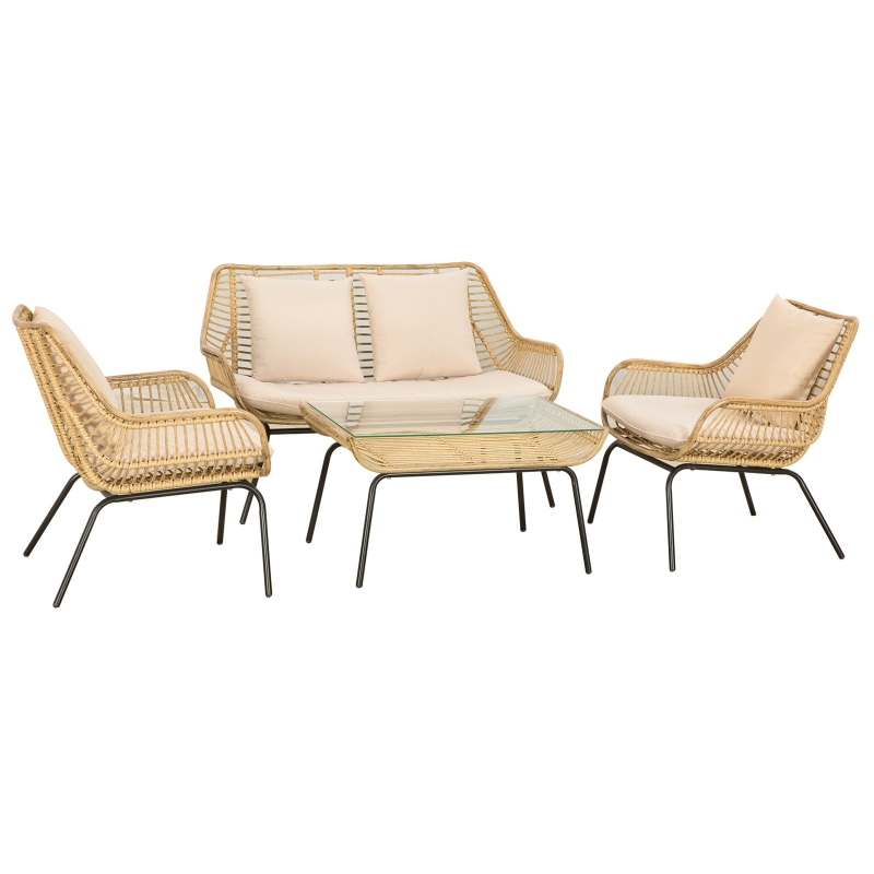 Outsunny 4-Seater Webbed PE Rattan Dining Set Smooth Curved w/ Sofa 2 Armchairs Table Beige