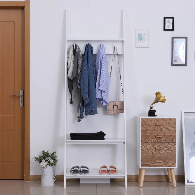 HOMCOM 3-Tier Ladder Clothes Rack W/4 Hooks-White