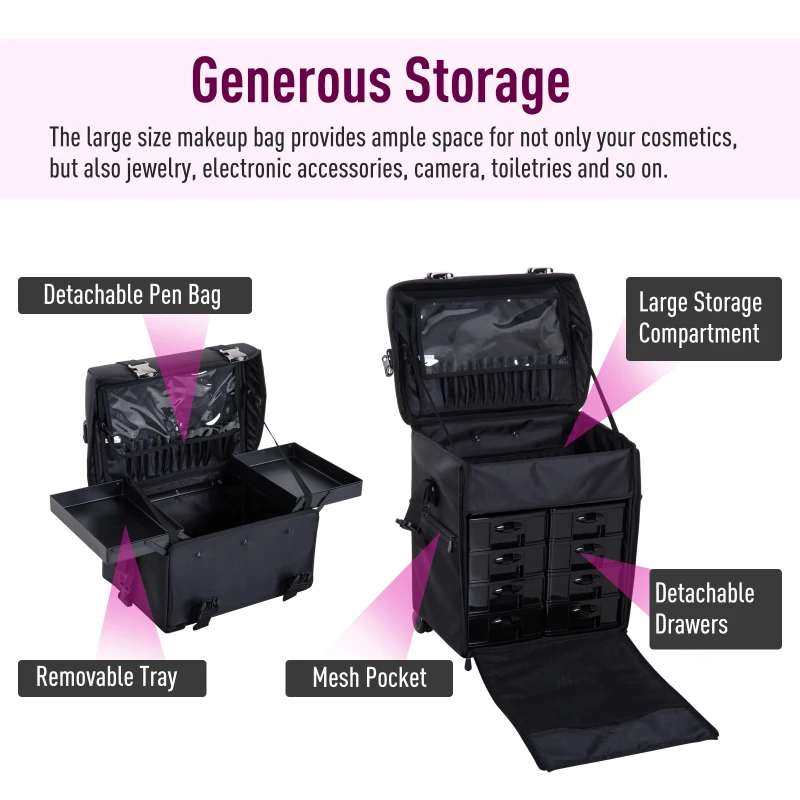 HOMCOM Make-up Bag 2-in-1, 40Lx30Dx72.5H cm-Black