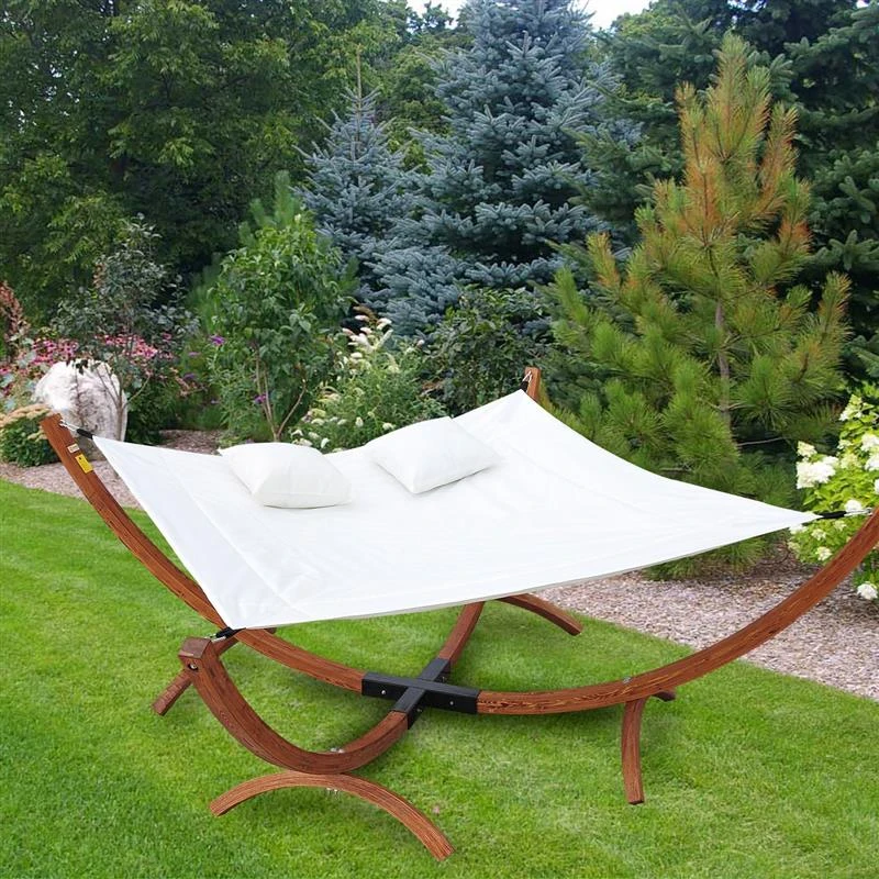 Outsunny Wooden Frame Hammock Swing Lounger W/ 2 Pillows-Cream