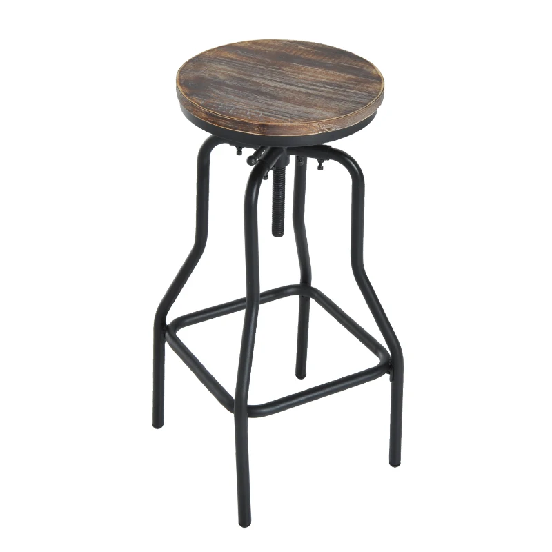 HOMCOM Vintage Industrial Bar Stool Height Adjustable Swivel Chair Metal Foot and Wood Surface (TypeB)