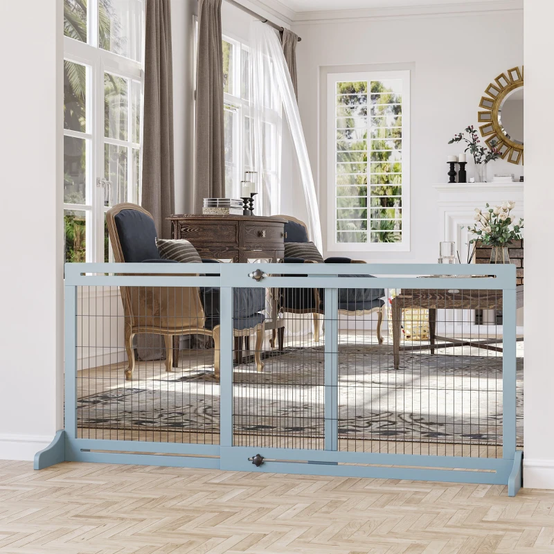 PawHut Freestanding Dog Gate, Foldable Pet Fence, Indoor Wood Barrier, Stair Gate with Support Feet, for Doorway, Hallway, Small and Medium Dogs, 69H x 104-183 cm, Blue-grey