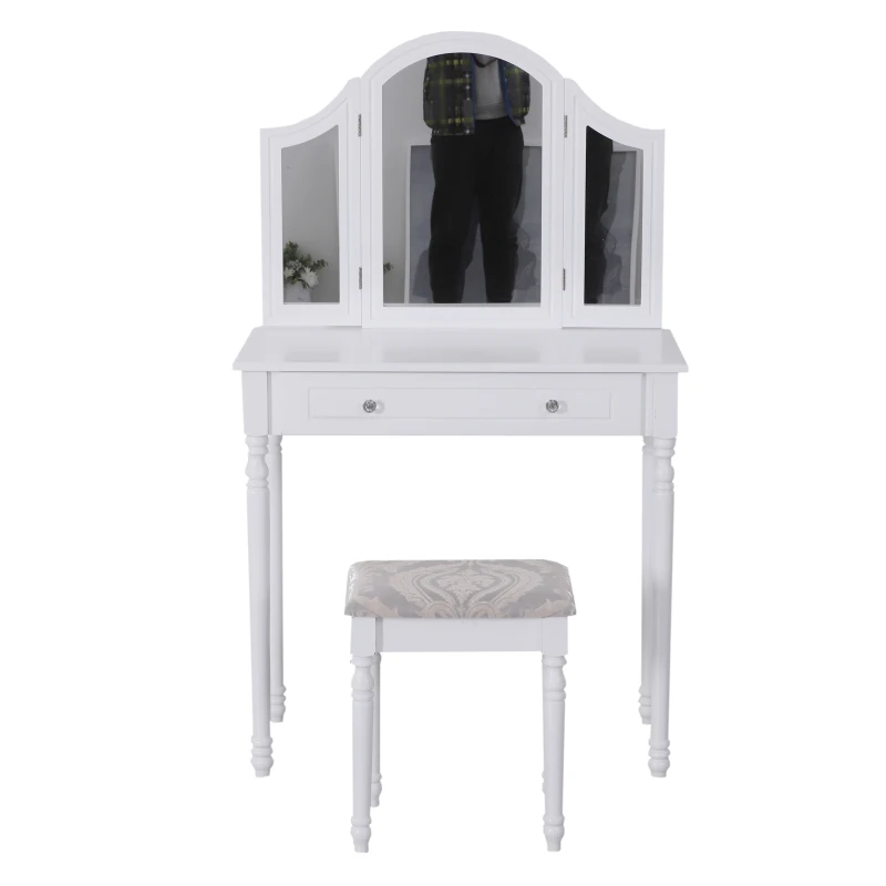 HOMCOM Dressing Table Set W/ Stool and Mirrored Desk-White