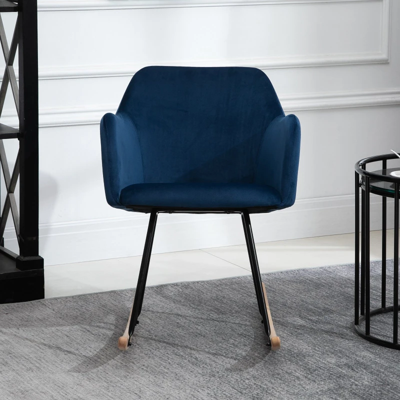 HOMCOM Flannelette Rocking Chair w/ Metal Frame Wood Legs Comfortable Accent Chair Home Office Elegant Dining Bedroom Blue