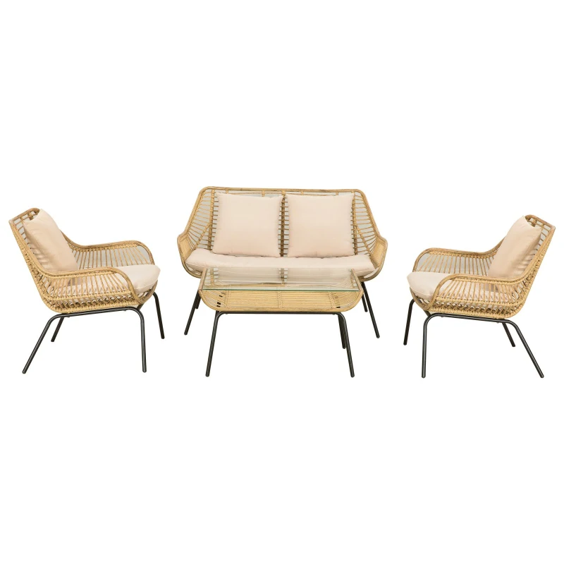 Outsunny 4 Pcs Webbed PE Rattan Sofa Set Unique Smooth Curved w/ Sofa 2 Armchairs Statement Table Glass Top Soft Thick Cushions Garden Outdoor Furniture Beige Pink