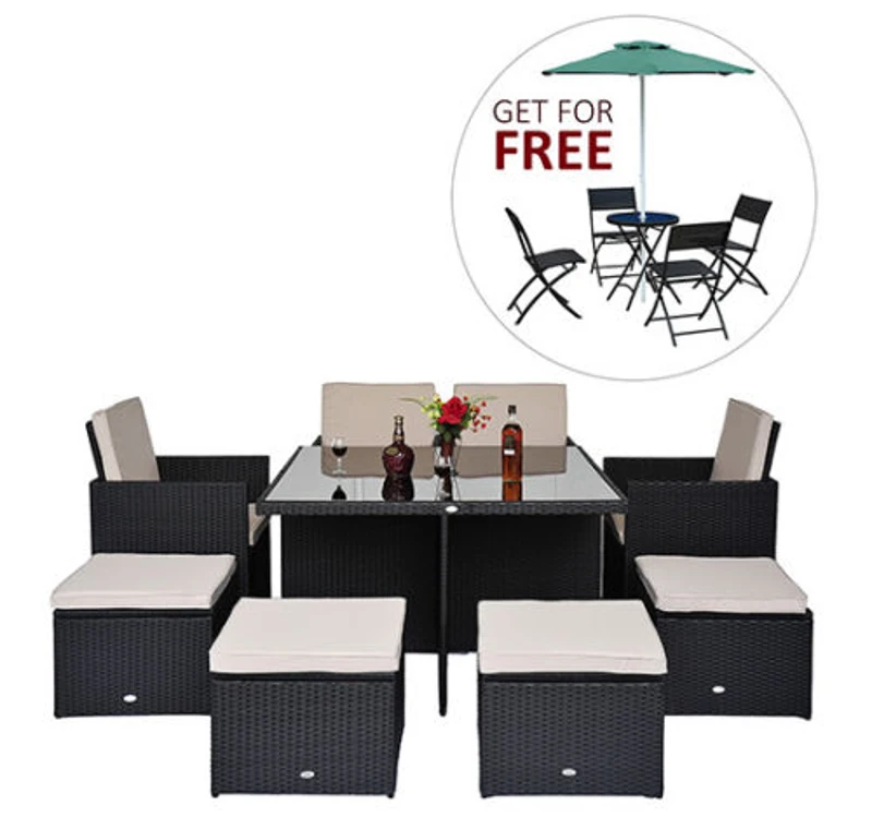 Outsunny 9 Pcs Rattan Dining Set+Free 5 Pcs Bistro Set