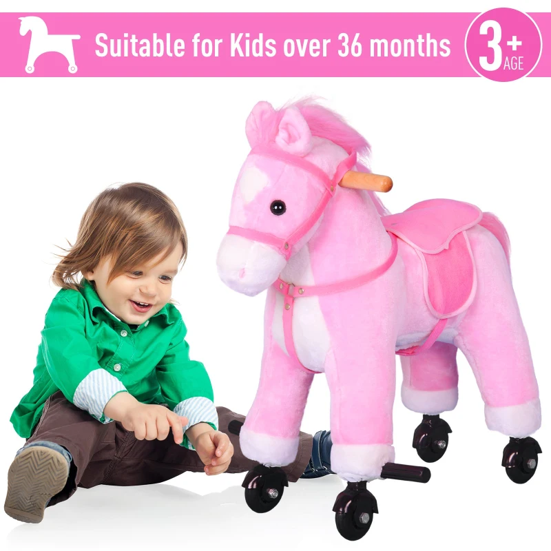 HOMCOM Push Pony Ride On Walking Horse on Wheels w/ Realistic Sounds Pink
