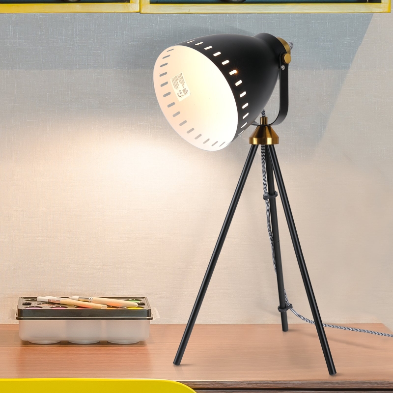 40W Metal Tripod Table Lamp w/ Adjustable Shade Angle Black