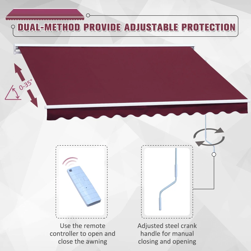 Outsunny 3.5 x 2.5m Garden Electric Motorised Manual Awning Door Outdoor Retractable Canopy Patio Shelter with LED Remote Control (Wine Red)