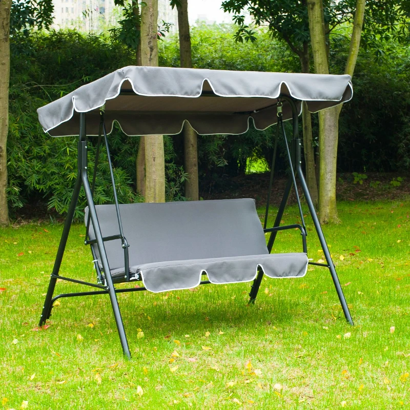 Outsunny Garden Patio Swing Chair 3 Seater Swinging Hammock Canopy Outdoor Cushioned Bench Bed Seat (Grey)