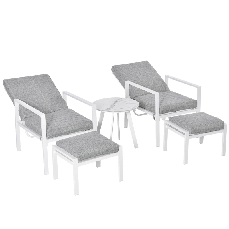Outsunny 5-Piece Garden Reclining Chair Set Patio Furniture Set with Footstools Coffee Table Cushions, 3-Position Adjustable Backrest, Aluminium Frame