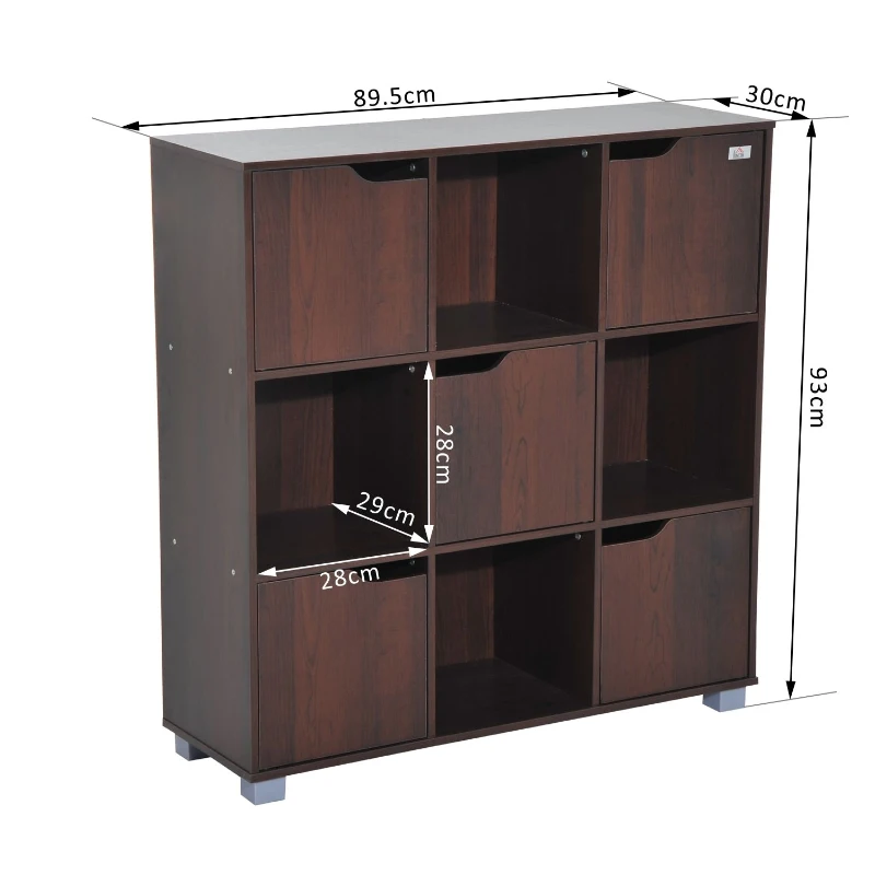 HOMCOM 9-Cube Bookcase W/5 Doors, Particle Board-Dark Coffee