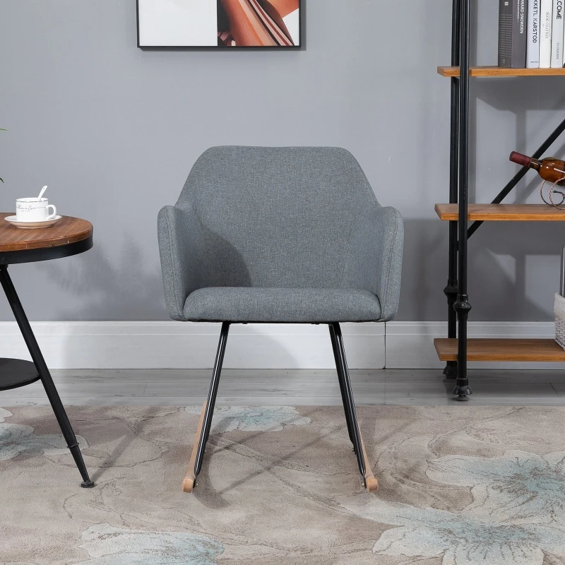 HOMCOM Linen Look Rocking Chair w/ Solid Wood Curved Legs Padded Seat Comfortable High Back Home Furniture Bedroom Living Room Relaxation Seat Dark Grey