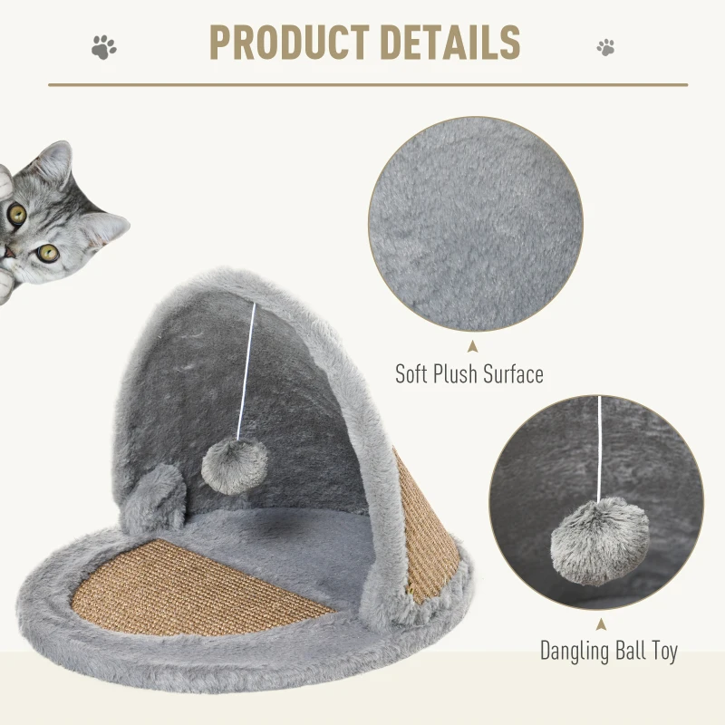 PawHut Cat House Kitten Bed Pet Furniture with Sisal Scratching Area Soft Plush for Rest and Play, Grey and Brown