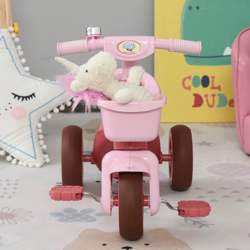 HOMCOM 3 Wheel Kids Tricycle Toddler Pedal Trike Ride on Bicycle with Front Back Basket Bell Balance Bike Boys Girls for 3 to 6 Years Pink
