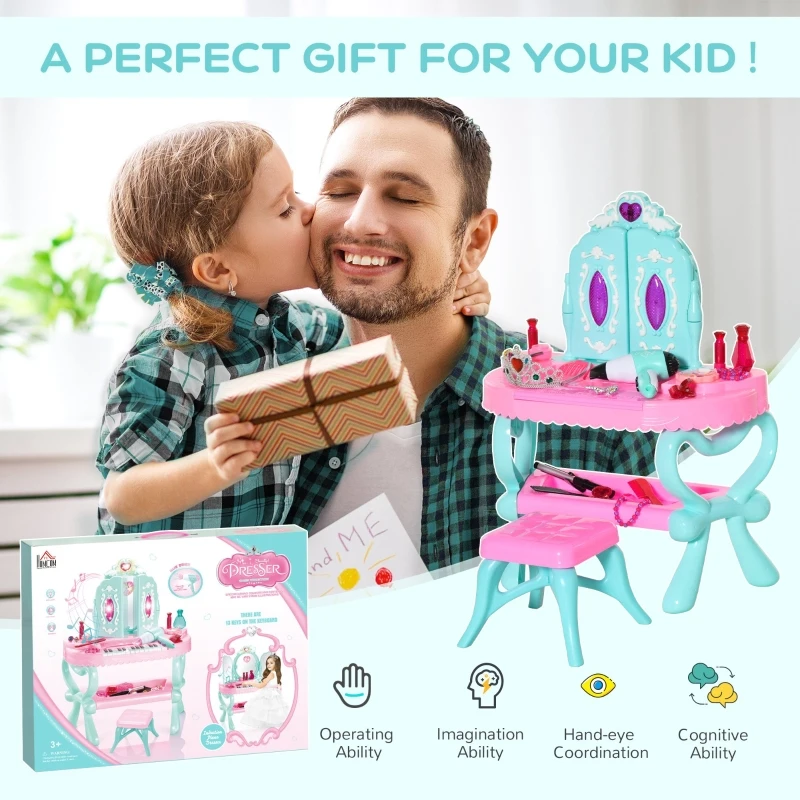 HOMCOM 2 In 1 Kids Vanity Dressing Table Play Set w/ 13 Key Piano Keyboard, Magic Glamour Princess Mirror, Lights, Music, Pretend Toy, Beauty Kit, Stool, for 3-6 Years Pink