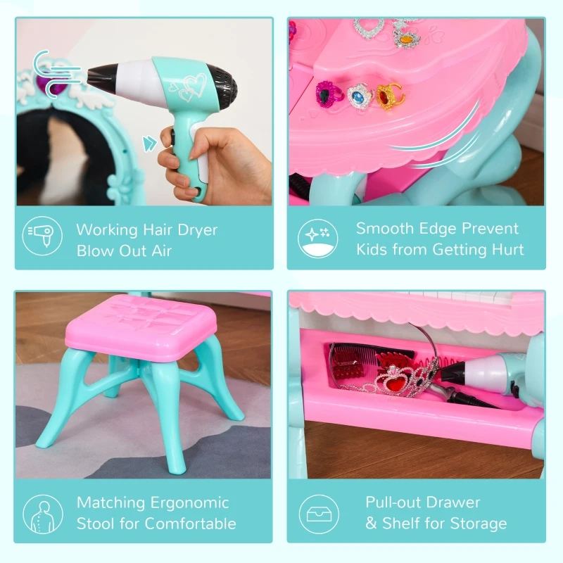 HOMCOM 2 In 1 Kids Vanity Dressing Table Play Set w/ 13 Key Piano Keyboard, Magic Glamour Princess Mirror, Lights, Music, Pretend Toy, Beauty Kit, Stool, for 3-6 Years Pink