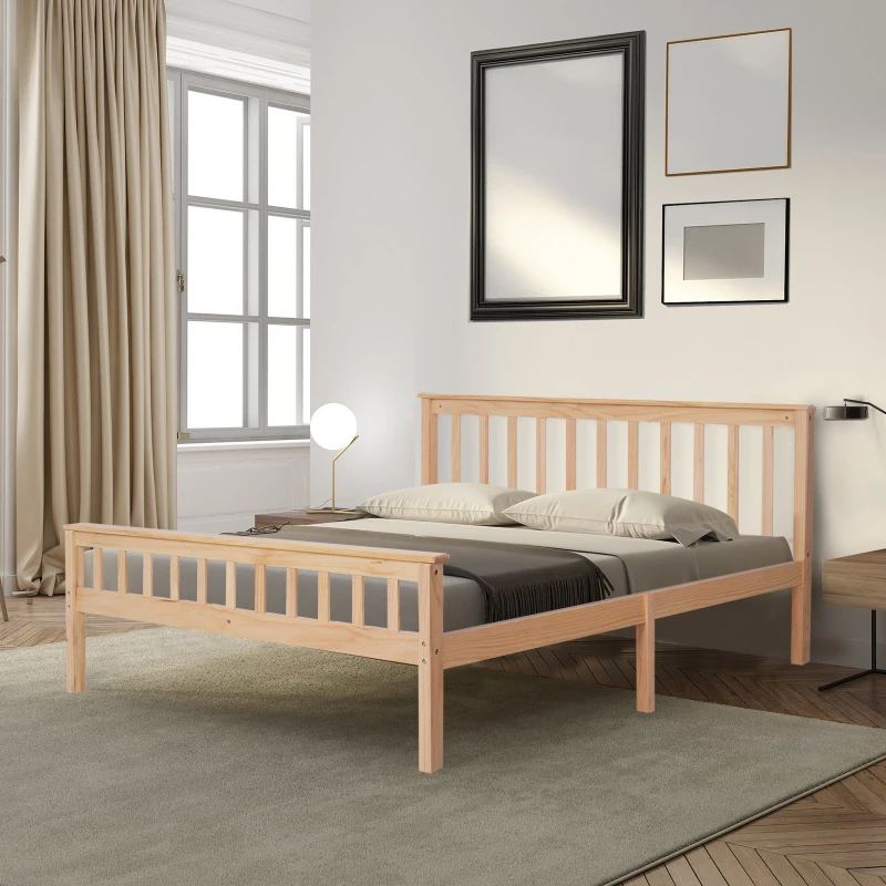 HOMCOM Double Bed Solid Pine Wooden Frame, 208L x 143W x 82Hcm-Natural Wood Colour