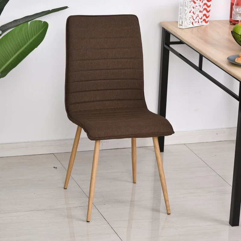 HOMCOM Set of 2 Armless Dining Chairs w/ Metal Frame Linen Upholstery Padding Wood-Effect Legs Foot Pads Simple Modern Style Brown
