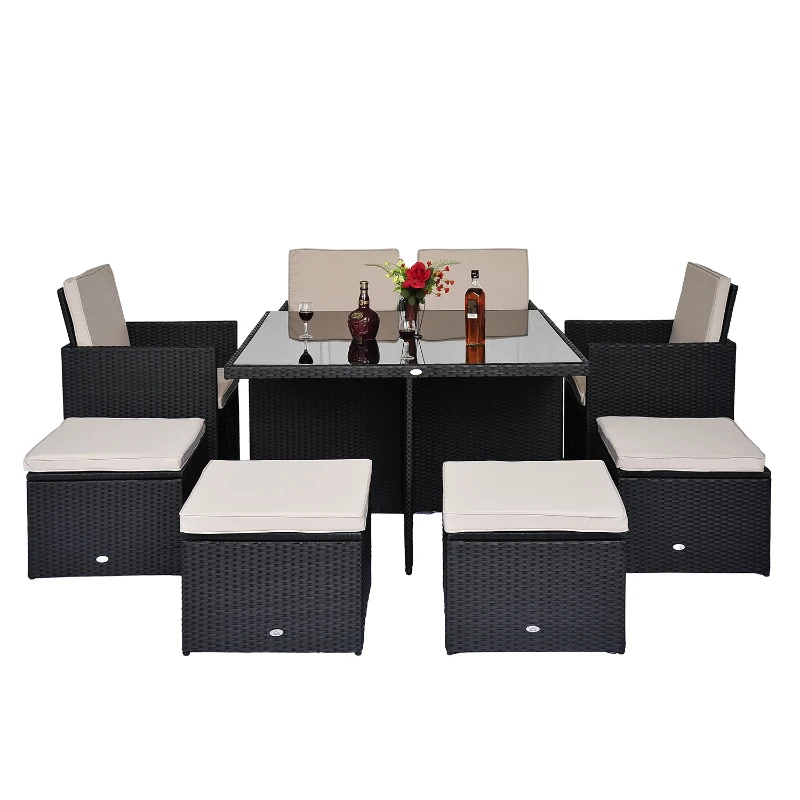 Outsunny 9 Pc Rattan Cube Dining Set-Black