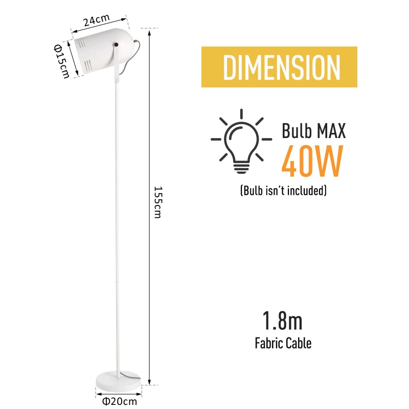 HOMCOM Metal Tall Free-Standing Spotlight Lamp w/ Adjustable Shade Angle White