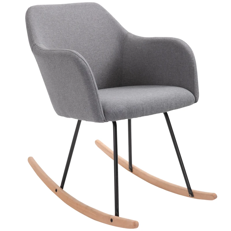 HOMCOM Linen Look Rocking Chair w/ Solid Wood Curved Legs Padded Seat Comfortable High Back Home Furniture Bedroom Living Room Relaxation Seat Dark Grey