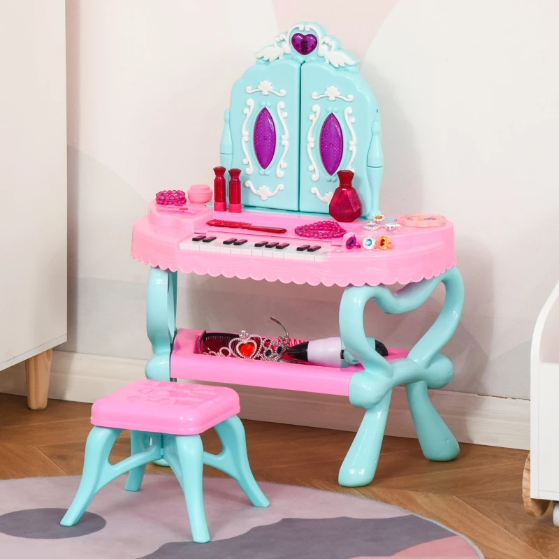 HOMCOM 2 In 1 Kids Vanity Dressing Table Play Set w/ 13 Key Piano Keyboard, Magic Glamour Princess Mirror, Lights, Music, Pretend Toy, Beauty Kit, Stool, for 3-6 Years Pink