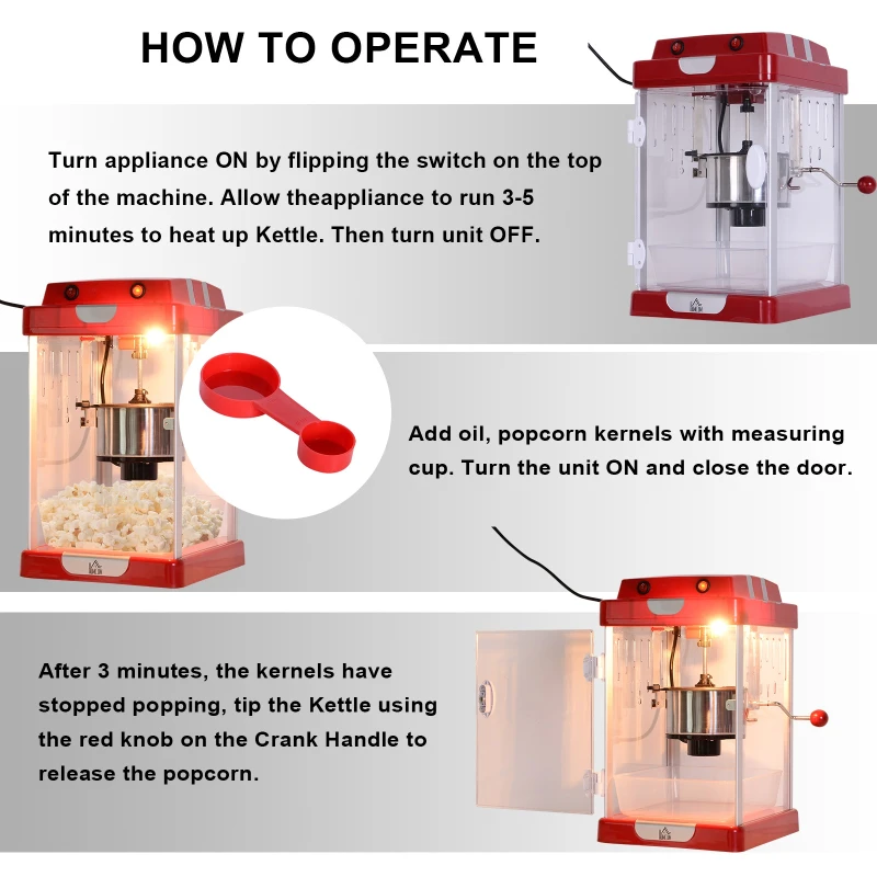 HOMCOM Popcorn Maker Machine 310W Overheat Protection w/ Recipes & Measuring Cup Stainless Steel 2.5oz