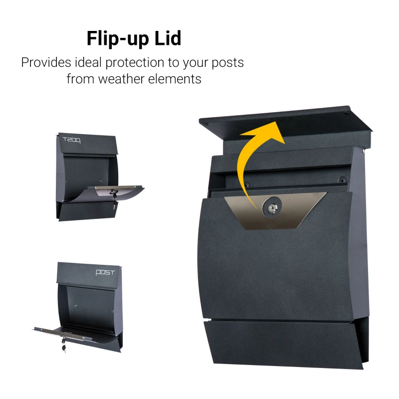 HOMCOM Steel Wall-Mounted Letter Box Mail Box Post Letter Newspaper Holder with Lock Grey