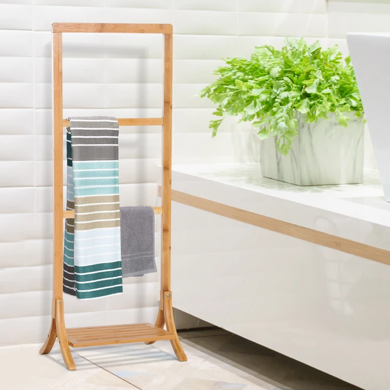 HOMCOM Free Standing Bamboo Towel Rack, 3 Rails&1 Shelf, 40.5Lx28Wx104H cm