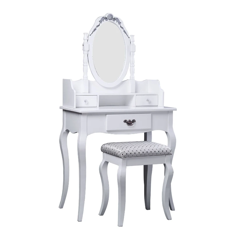 Coiffeuse table de maquillage commode avec tabouret, tiroirs et miroir en bois blanc neuf73