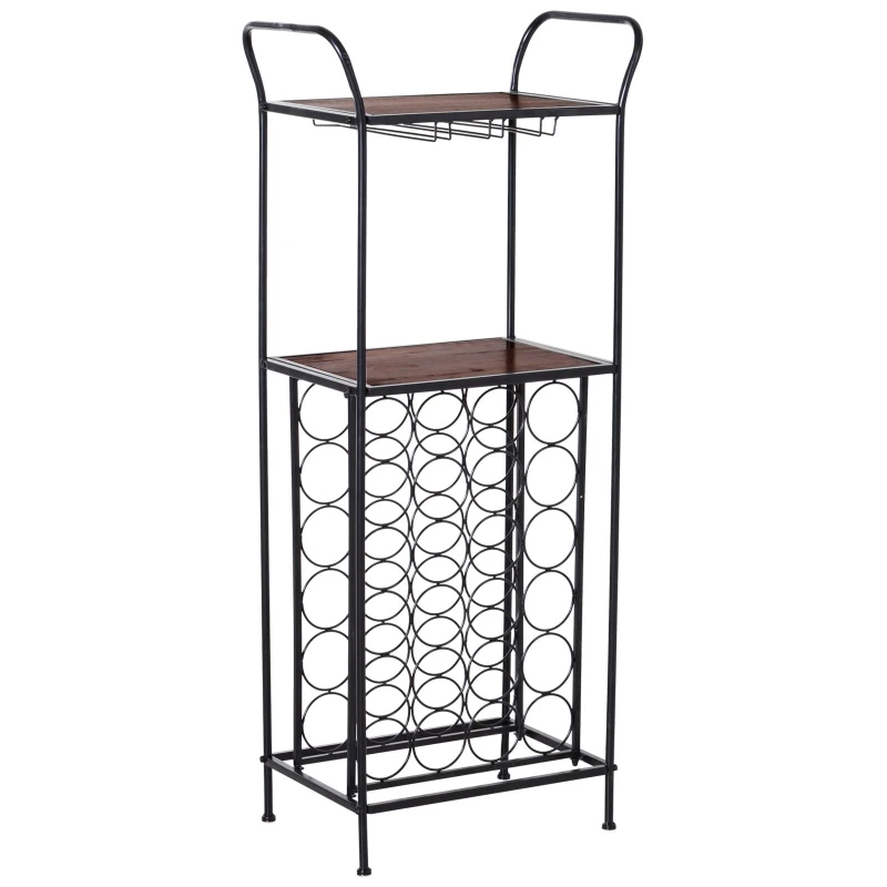 HOMCOM Metal Frame 24 Bottle Wine Rack Unit w/ Pine Wood Table Top Black Brown