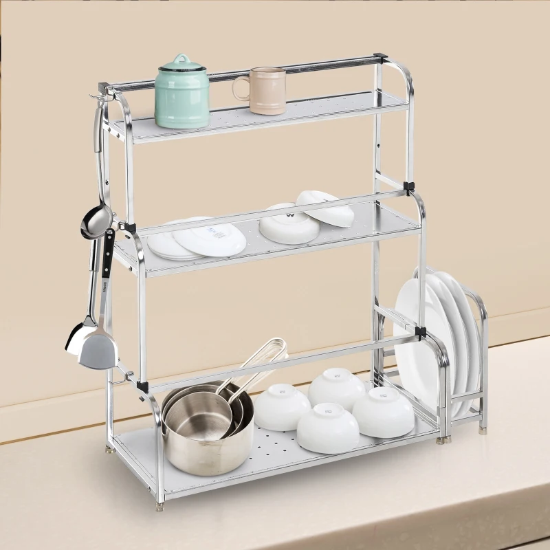 HOMCOM 3-tier Spice Rack Organiser W/6 Hooks-Stainless Steel