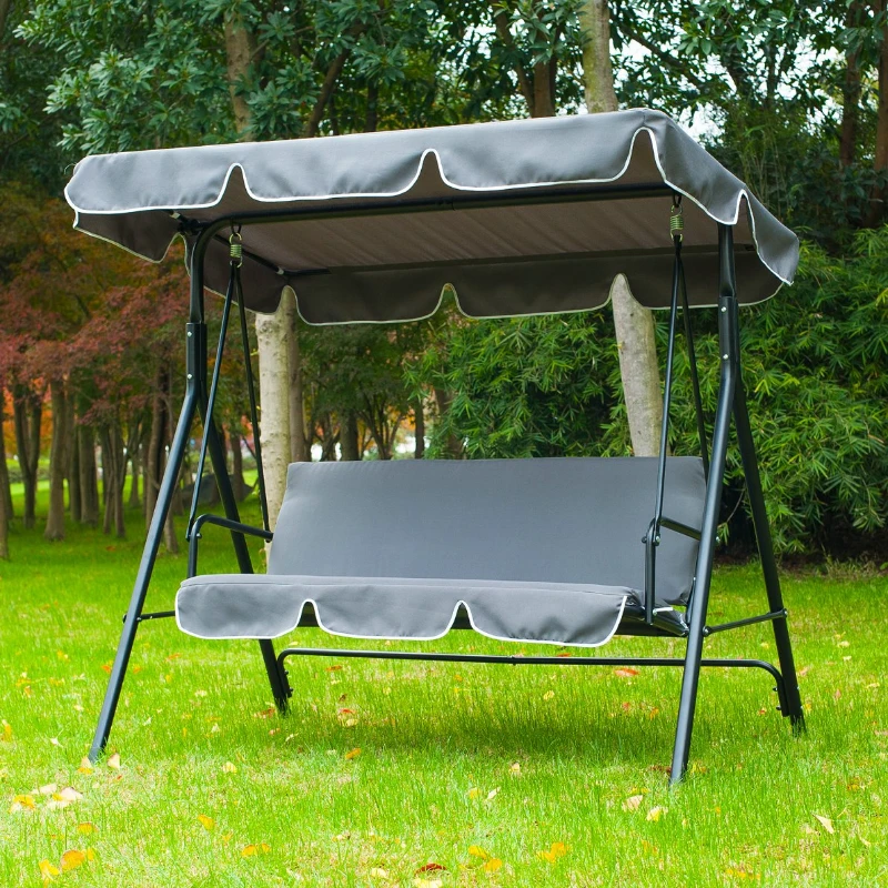 Outsunny Garden Patio Swing Chair 3 Seater Swinging Hammock Canopy Outdoor Cushioned Bench Bed Seat (Grey)