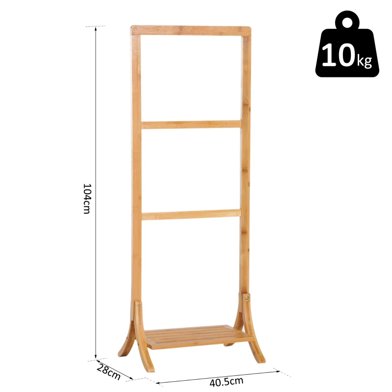HOMCOM Free Standing Bamboo Towel Rack, 3 Rails&1 Shelf, 40.5Lx28Wx104H cm