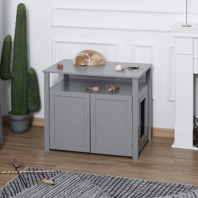PawHut Wooden Cat Litter Box Enclosure Furniture with Adjustable Interior Wall & Large Tabletop for Nightstand, Grey