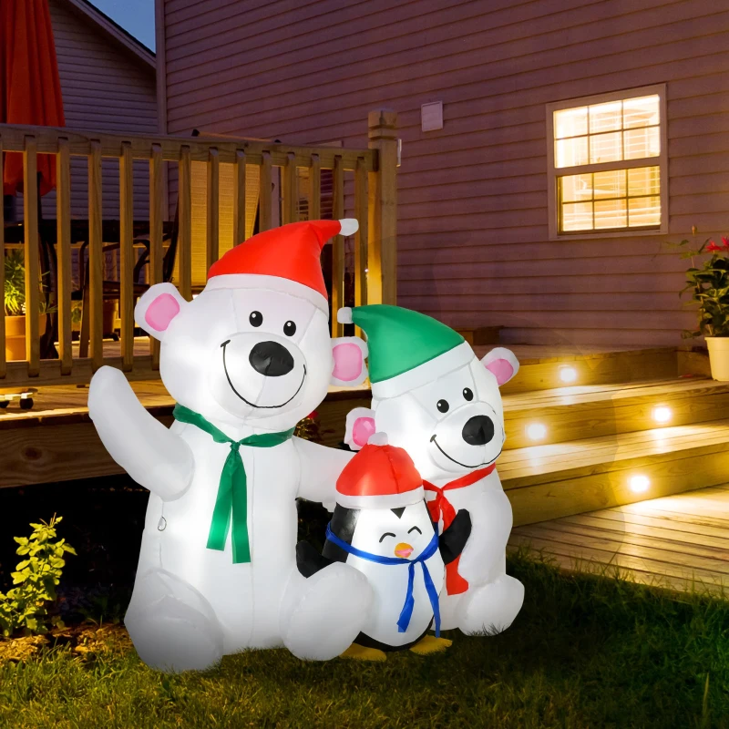 HOMCOM 4ft Christmas Inflatable Decoration with Two Bears and Penguin Light Up Outdoor Blow Up Decorations Xmas Decor for Holiday Party Garden