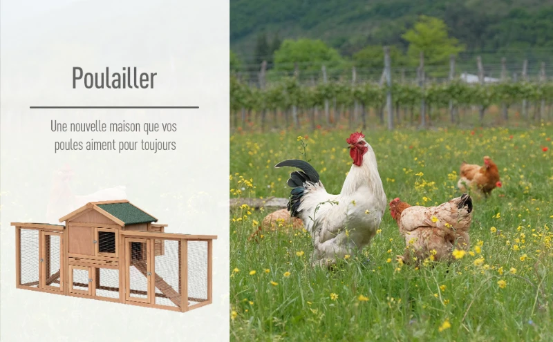 PawHut Poulailler Clapier Type Chalet en Bois Marron 124 x 22 x 64 cm