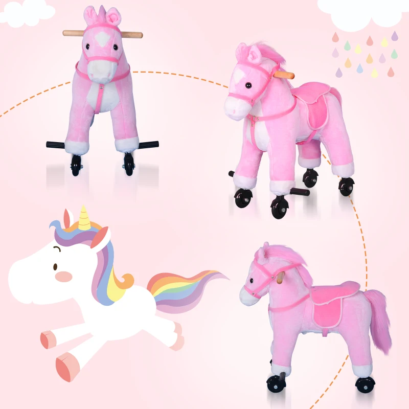 HOMCOM Push Pony Ride On Walking Horse on Wheels w/ Realistic Sounds Pink