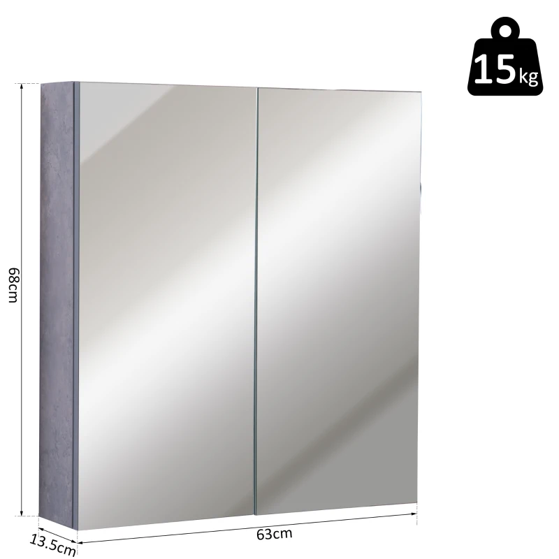 Kleankin Wall-Mount Bathroom LED Mirrored Cabinet, 63Wx68Hx13.5T cm-Cement Grey