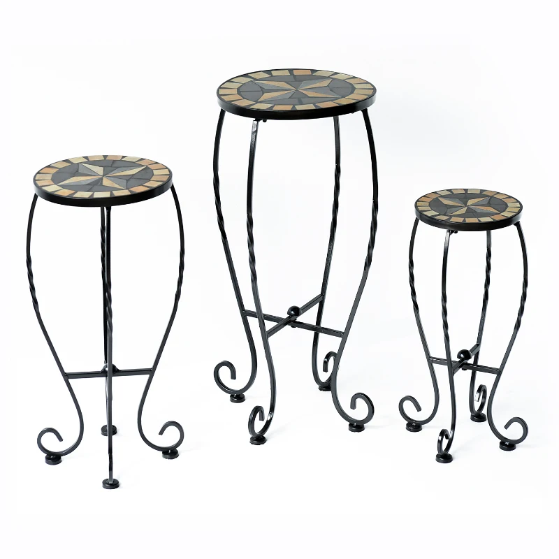Outsunny 3 Pcs Plant Stand Table Set W/Mosaic Pattern-Black Iron