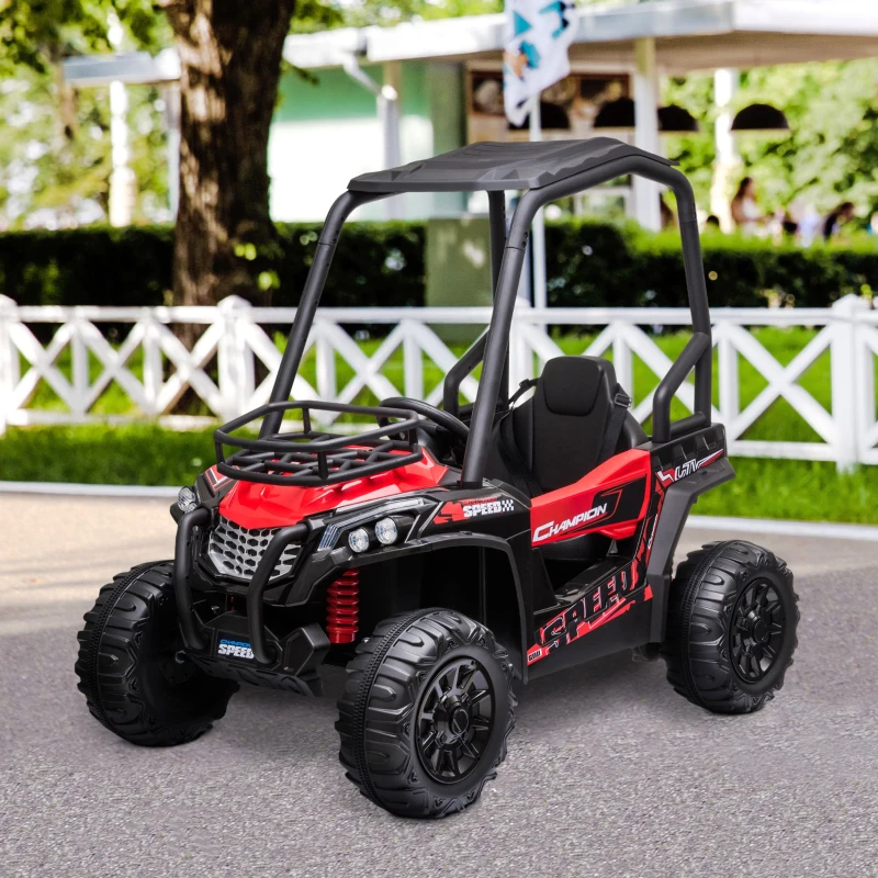 HOMCOM 12V Battery-powered 2 Motors Kids Electric Ride On Car Off-road UTV Toy 3-6 km/h with High Roof Parental Remote Control Music Lights MP3 Suspension Wheels for 3-8 Years Old Red
