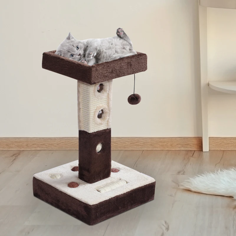 PawHut Cat Tree, Plush, 35Lx 35Wx60.5H cm-Beige/Coffee