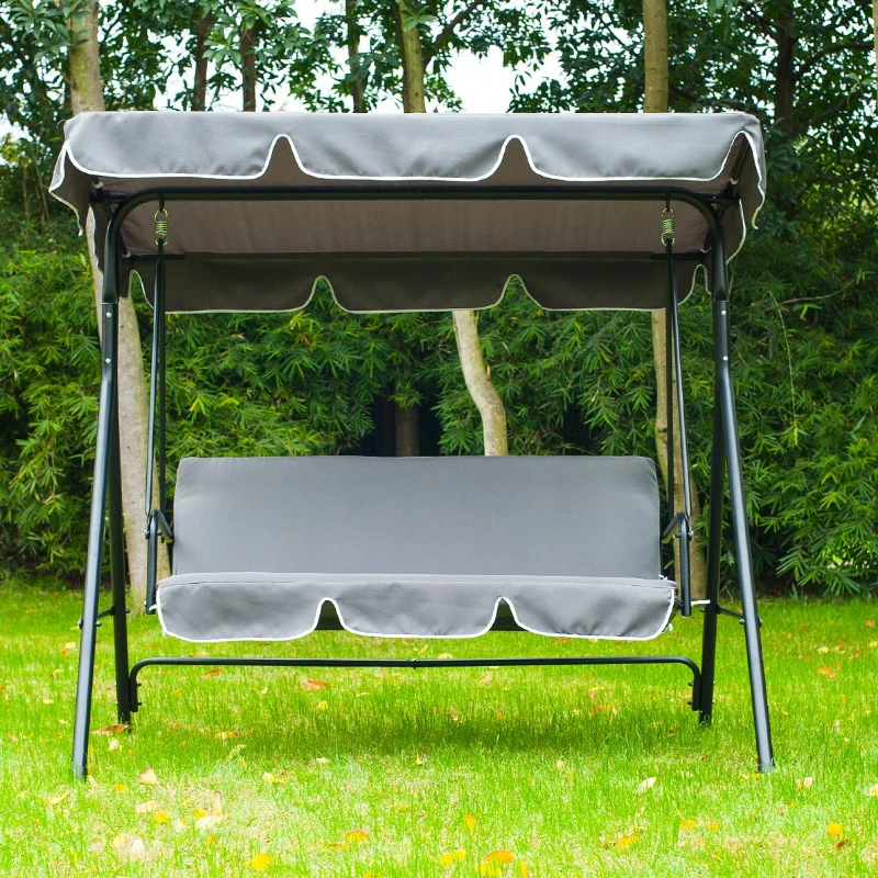 Outsunny Garden Patio Swing Chair 3 Seater Swinging Hammock Canopy Outdoor Cushioned Bench Bed Seat (Grey)