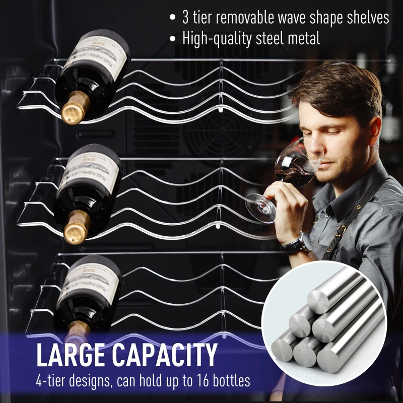 HOMCOM 16 Bottle Wine Cooler Mini Bar Refrigerator 11-18°C Adjustable Temperature Touch Control Led Lights Sleek Stylish Suitable For Home Bar Party Black