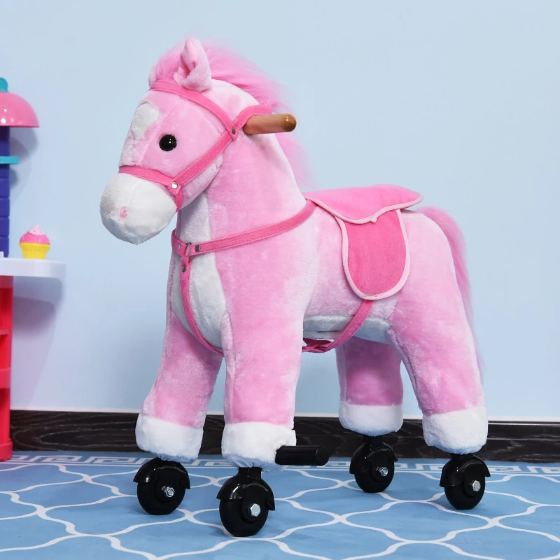 HOMCOM Push Pony Ride On Walking Horse on Wheels w/ Realistic Sounds Pink
